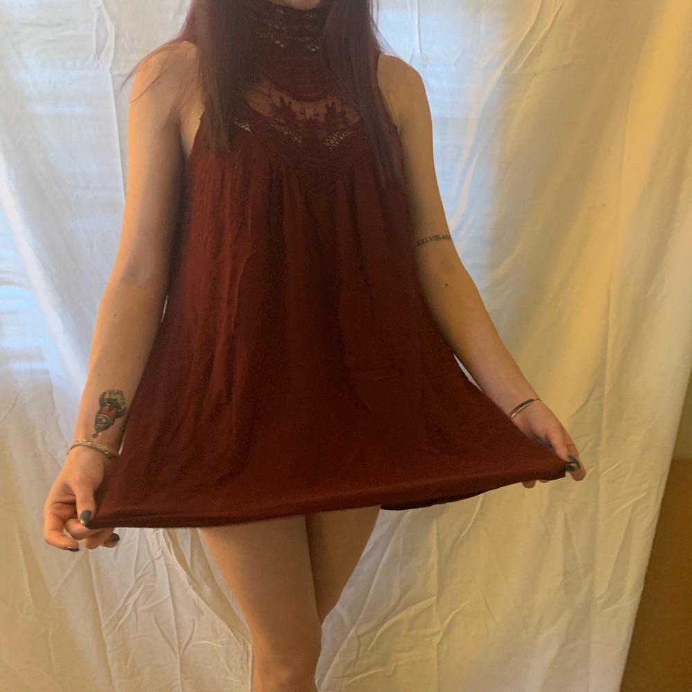 Maroon High Neck Lace Dress